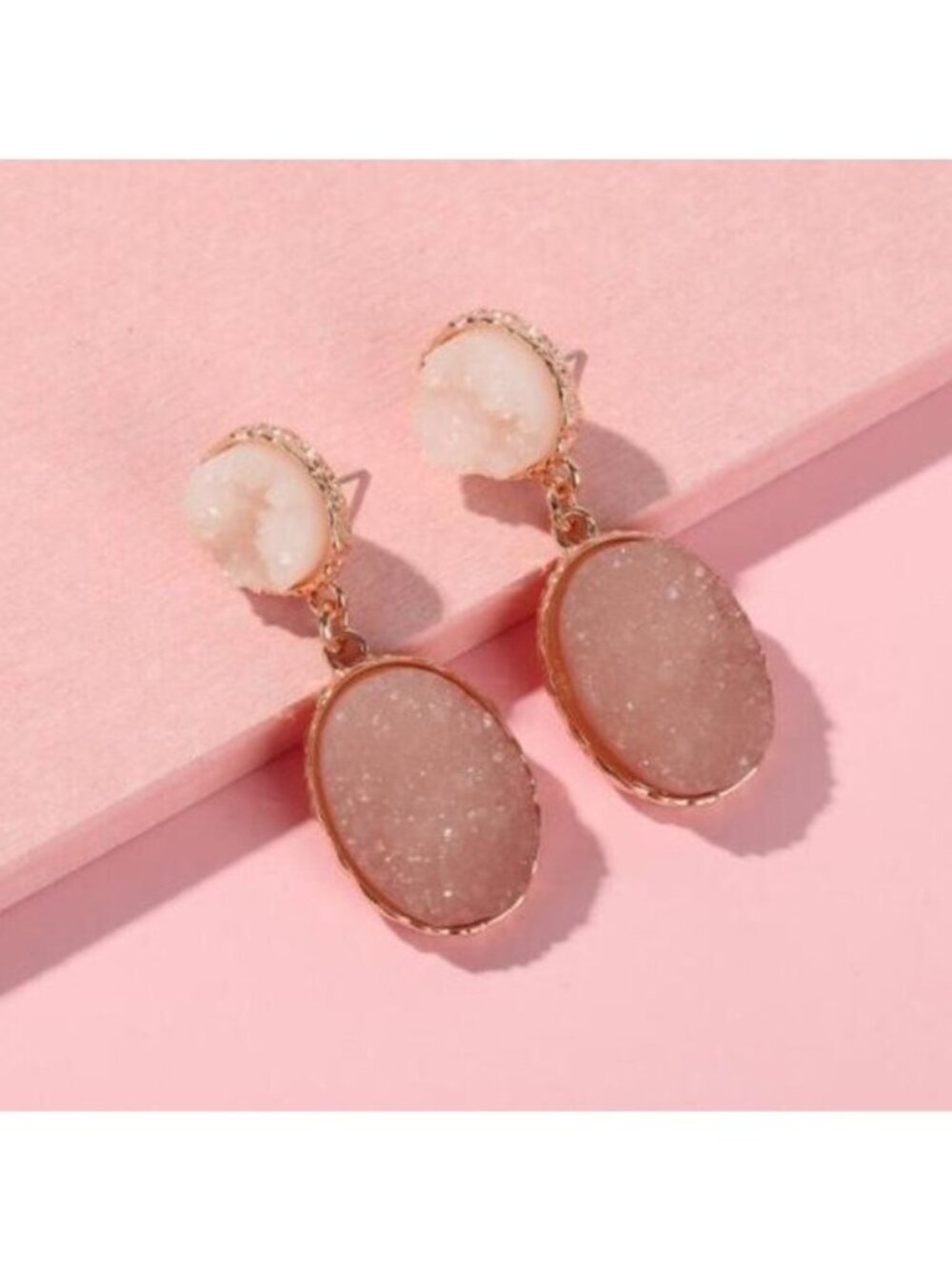 Beige Brown Gold Drusy Quartz Oval Drop Earrings